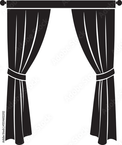 Curtain Semi Pulled Silhouette Black Vector | Elegant Window Drapery Illustration Format