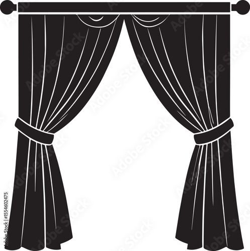 Curtain Semi Pulled Silhouette Black Vector | Elegant Window Drapery Illustration Format