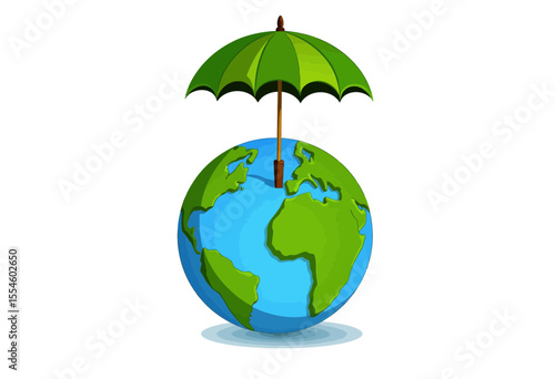 Earth globe protected by green umbrella in flat design  