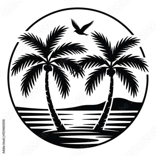 Circular logo featuring detailed black and white palm tree silhouettes


