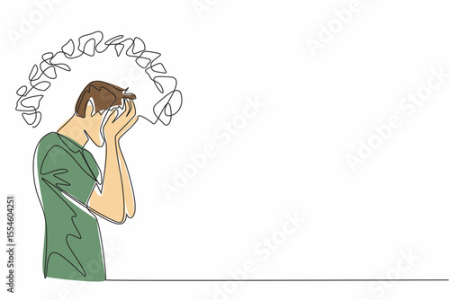 Single one line drawing man cover face with palm with around head tangled thread. Tangled mind. Mentally tired. Fatigue. National Anxiety Screening Day. Continuous line design graphic illustration