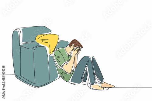 Continuous one line drawing man sitting on floor leaning on single sofa, cover face with both palms. Layoff. No income. Sad. National Anxiety Screening Day. Single line draw design vector illustration