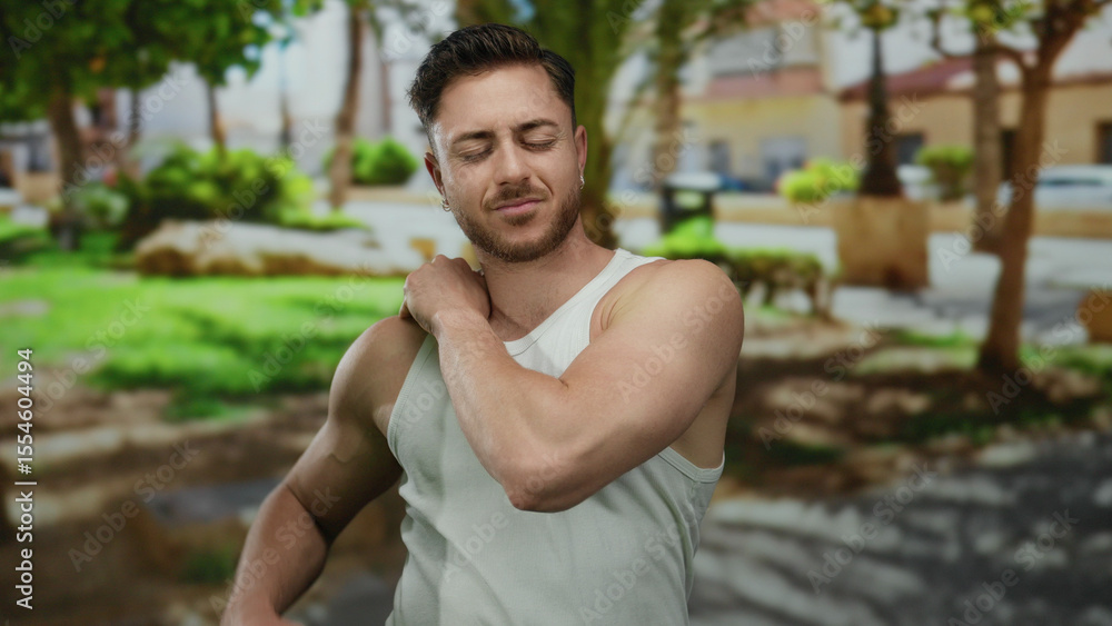 Young man with beard in white tank top stretches outdoors in a sunny park with trees and blurred greenery, expressing relief and relaxation during an active workout recovery session. Young man with beard in white tank top stretches outdoors in a sunny park with trees and blurred greenery, expressing relief and relaxation during an active workout recovery session.