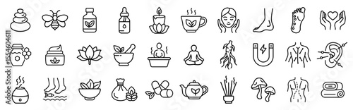 Alternative medicine herbal therapy spa yoga acupuncture vector line icons
