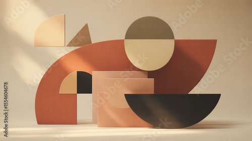 Abstract minimal shapes in earth tones — terracotta, beige, clay, black — mid-century modern style, balanced composition with organic curves, textured paper background — digital painting