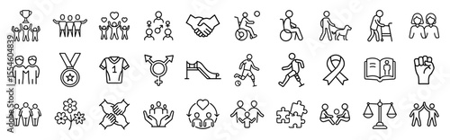 Diversity inclusion equality sport community society vector line icons set