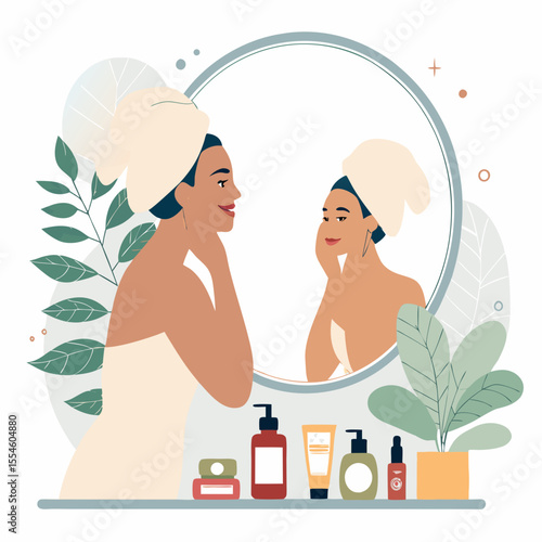 An active woman applying moisturiser in front of a mirror, hair wrapped in a towel, surrounded by skincare products, self-care morning routine.