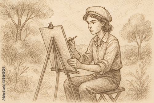 artist painting a picture. This sepia-toned hand-drawn illustration depicts a serene outdoor scene featuring a young female artist engrossed in her craft. Seated on a simple wooden stool, she sketches