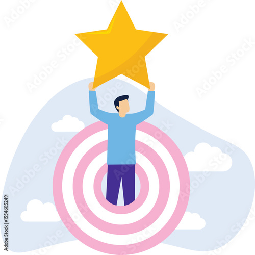 The goal is to be a champion, win a trophy or victory, with the businessman standing in the bull's-eye with both hands holding up the trophy stock illustration

