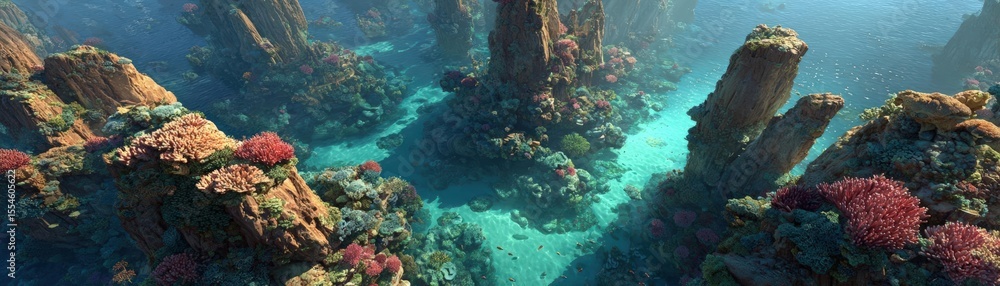 Obraz premium Craft a mesmerizing Ocean Reef from a Birds-eye view, highlighting the vivid marine life and intricate coral formations with Photorealistic precision
