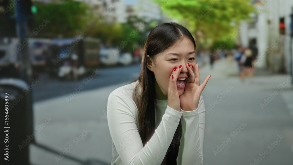 Fototapeta premium Woman shouting on urban street in daytime city setting surrounded by vehicles and greenery, wearing white long-sleeve top, showcasing lively outdoor environment.