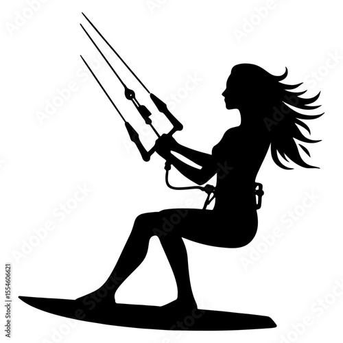 Female Kiteboarder Crouched on Board Holding Control Bar in Black and White Illustration