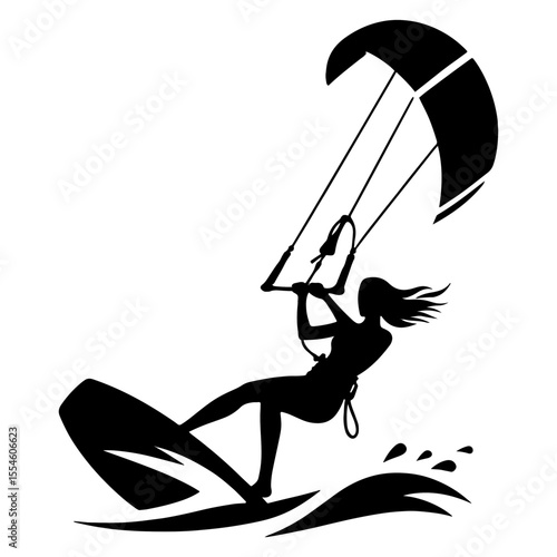 Female Kite Surfer Carving a Turn with Lofted Kite in Black and White Illustration