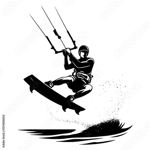 Helmeted Kiteboarder Performing Aerial Jump above Water Spray in Black and White Illustration