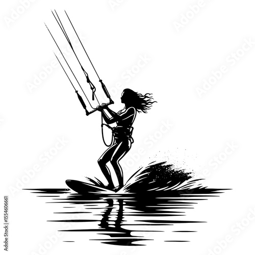 Female Kiteboarder Skimming Glass-Calm Water, Leaning Into the Harness as Spray Flares in Bold Black-and-White Illustration