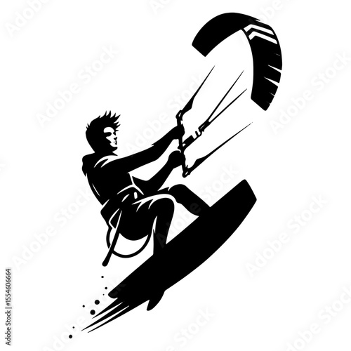 Male Kiteboarder Soaring Upward, Kite Fully Powered and Spray Trailing, in Dynamic Black-and-White Illustration