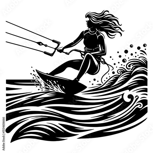 Female Kiteboarder Cutting Across Choppy Swell, Hair Streaming and Spray Flying in Bold Black-and-White Illustration