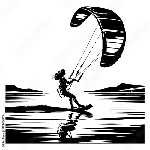 Female Kite Surfer Gliding on Glassy Lagoon at Sunset, Large Inflated Kite Aloft with Distant Hills in Elegant Black-and-White Illustration