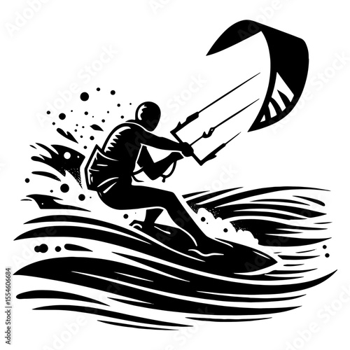 Kiteboarder Accelerating Downwind, Low Stance and Explosive Spray over Stylized Waves in Dramatic Black-and-White Illustration