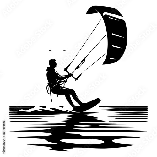 Male Kiteboarder Cruising Beneath a Full Inflated Kite, Birds Overhead and Mirror-Like Surface in Graphic Black-and-White Illustration