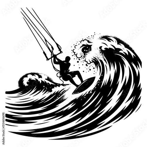 Kiteboarder Tackling Twin Cresting Waves with High-Held Kite and Stylized Spray, in Energetic Black-and-White Illustration