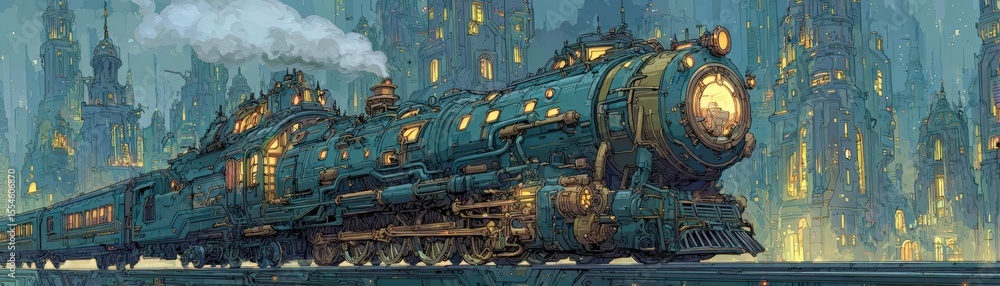 Naklejka premium Design an intricate steampunk train speeding through a futuristic cityscape at dusk, blending the old with the new