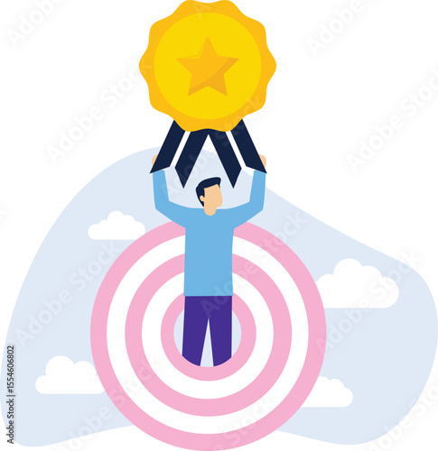 The goal is to be a champion, win a trophy or victory, with the businessman standing in the bull's-eye with both hands holding up the trophy stock illustration


