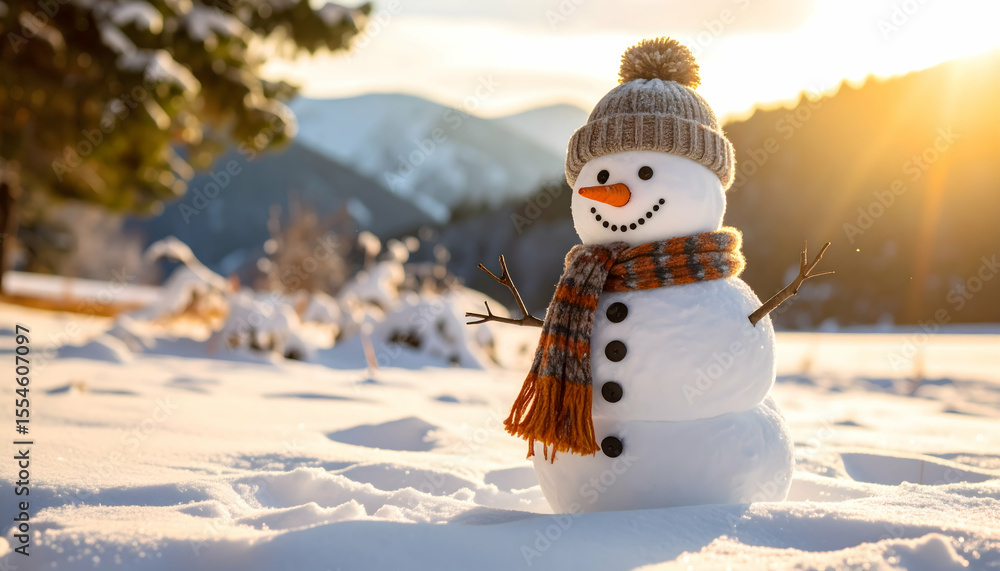 Obraz premium Smiling Snowman with Knit Hat Standing in Sunny Snowy Landscape