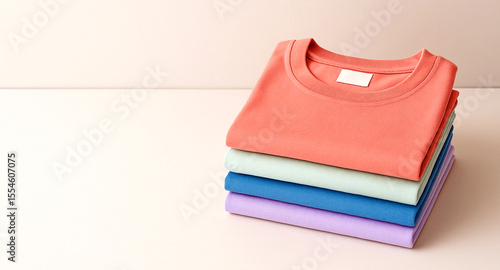 Stack of neatly folded colorful cotton t-shirts on a pastel background, with focus on fabric texture and label area. Perfect for apparel branding and textile mockups.