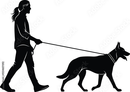Silhouette of woman walking dog, pet owner on leash, black outline illustration, active lifestyle, German Shepherd, companion animal concept