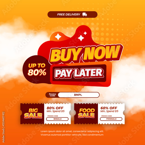 Buy Now Pay Later Sale discount deals Editable text effect with Bright Orange gradient Pop up style Halftone Cloudy Promotion Marketing banner 