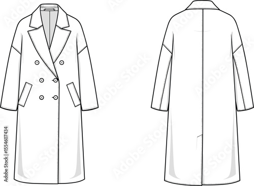 Long trench coat flat sketch, front and back view, technical fashion design, vector illustration for CAD template, coat fashion drawing