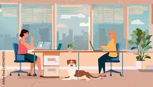 Modern flat vector illustration showing hybrid work model with people working from home and office, connected via video call, ideal for business, HR, and tech presentations.