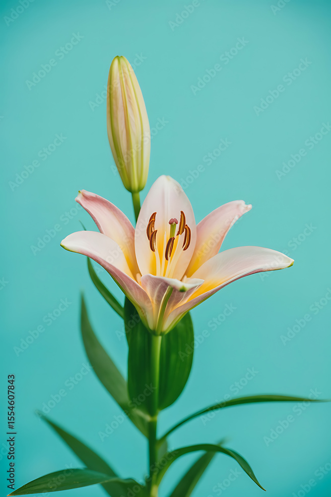 Fototapeta premium Pale pink lily, bud, and leaves against teal. 