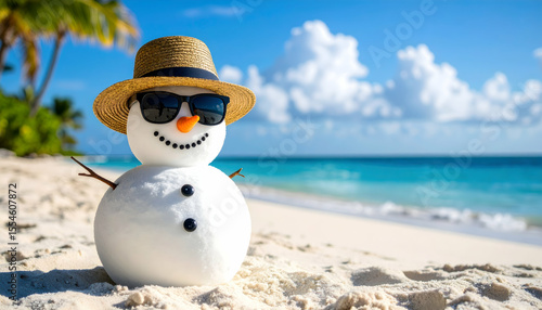 Snowman on Sunny Beach with Hat and Sunglasses Enjoying Tropical Vacation