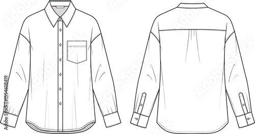 Long sleeve button up shirt flat sketch, fashion cad drawing, front and back view, pocket detail, cuff, collar, and placket