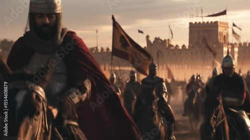 Medieval Muslim army with armored cavalry and warriors in chainmail approaching Christian fortress walls of Jerusalem during crusades under golden desert light