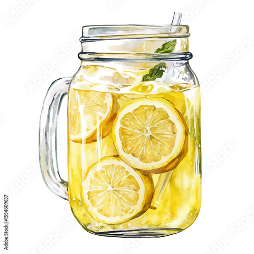Lemonade Poured Mason Jar, watercolor drawing vector, isolated on a white background.