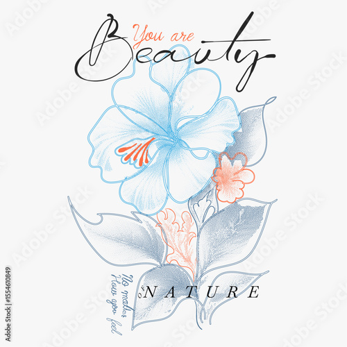 flowers hibiscus botanical art style. summer tropical flowers. printed t-shirt design forwomen's, Vintage Doted flowers print, Beauty of nature slogan text print design. flower graphic in vector,