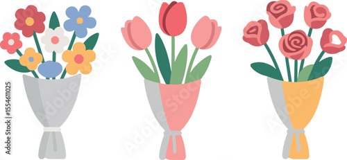 Whimsical Bouquet Collection Floral Arrangements in Pastel Shades Flowers Wrapped in Paper Springtime and Celebration Designs