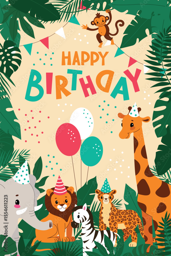 Obraz premium Kids birthday card,African animals,safari theme.A fun card with lettering and balloons.Cartoon vector illustration in a flat style