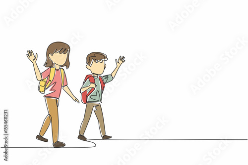 Single one line drawing older sister and younger brother walking waving their hands. Be friendly and polite. Childhood. National Brothers and Sisters Day. Continuous line design graphic illustration