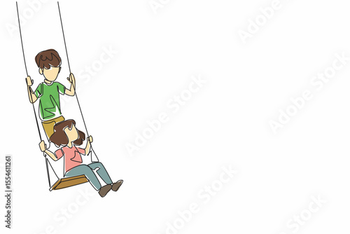 Single one line drawing older brother standing and younger sister sitting on the swing. Moment of joy. Harmonious. Play. National Brothers and Sisters Day. Continuous line design graphic illustration
