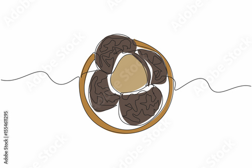 Continuous one line drawing a pile of truffles split in two at the top. Foods that contain the aroma of nuts or garlic. Mushroom. National Truffle Day. Single line draw design vector illustration