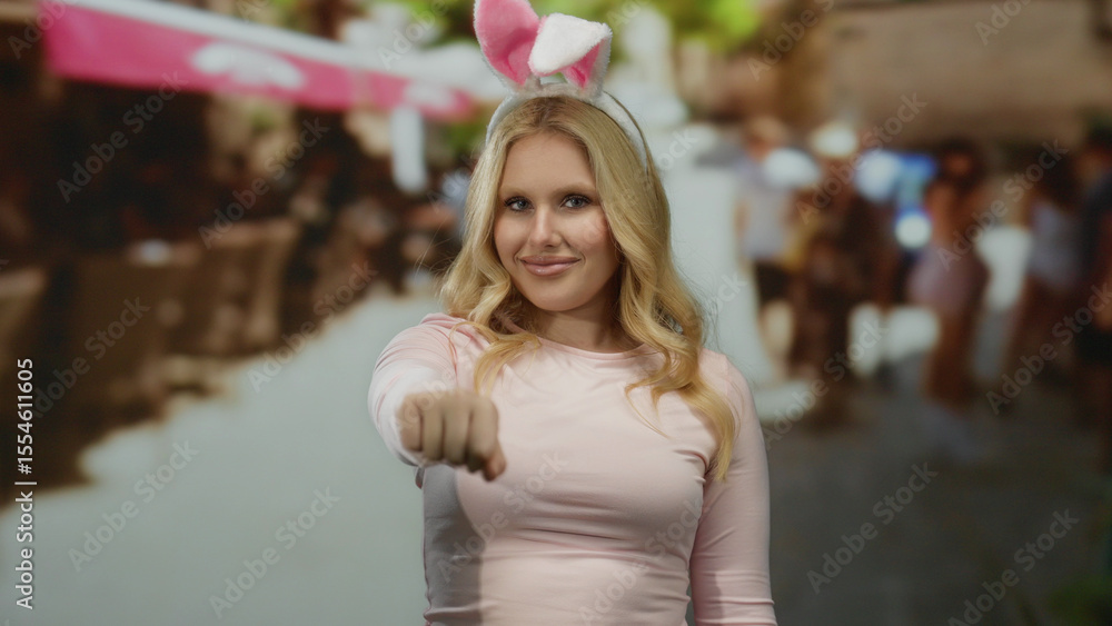 Fototapeta premium Young blonde woman wearing bunny ears playfully greets with a fist bump on a sunny city street, embodying joyful outdoors interaction with a humorous twist.