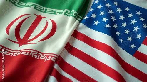 Close-up shot of the Iranian and American flags side by side, symbolizing complex international relations, diplomacy, and global politics between the two nations.