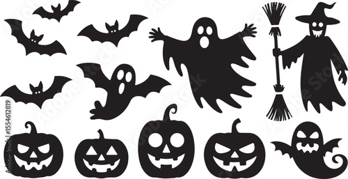 Playful Ghost Silhouette Set in Black and White Halloween Art with Minimalist Spooky Design for Fun Spectral Illustration Collection