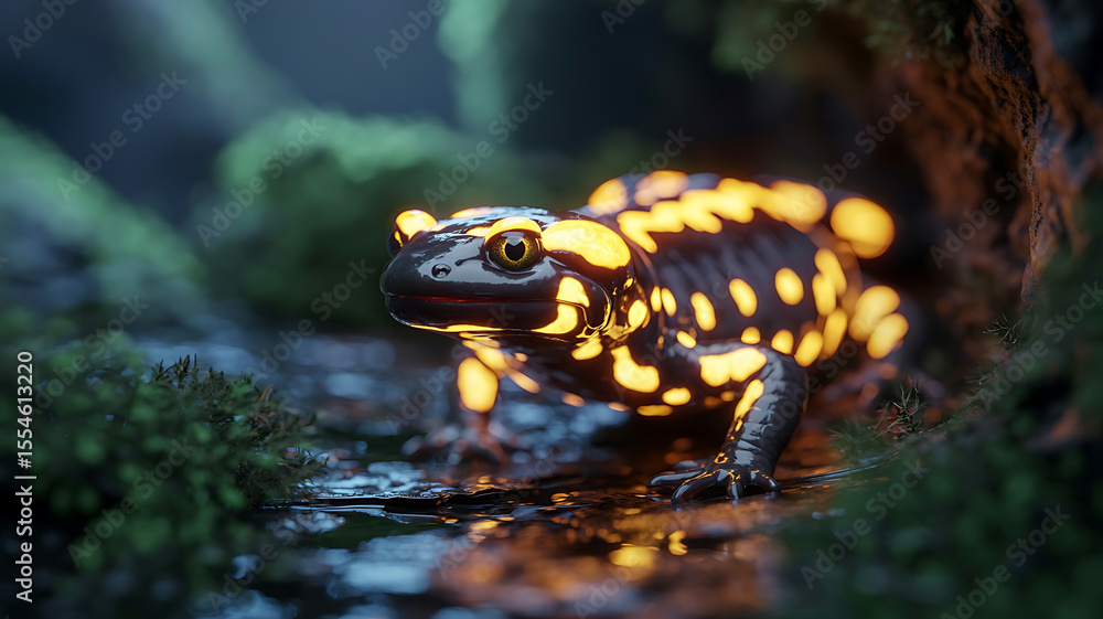 Fototapeta premium Glowing salamander, vibrant yellow spots, dark forest backdrop. 