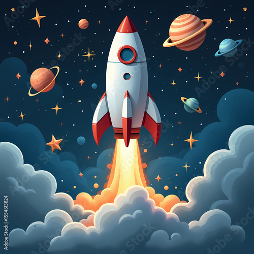 Background image on the theme of astronautics rockets planets stars space station icon, third version of the picture..