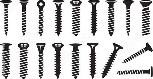 Set of Screw Silhouettes in Black and White Hardware Art, Minimalist Tool Design and Industrial Illustration Collection